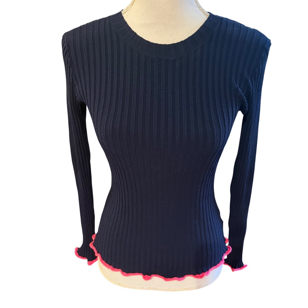 Milly Blue Ribbed Knit Long Sleeve Top Small‎ Balletcore Barbiecore Y2K Style